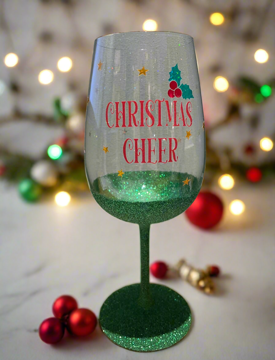 Christmas Cheer Glitter stem wine glass