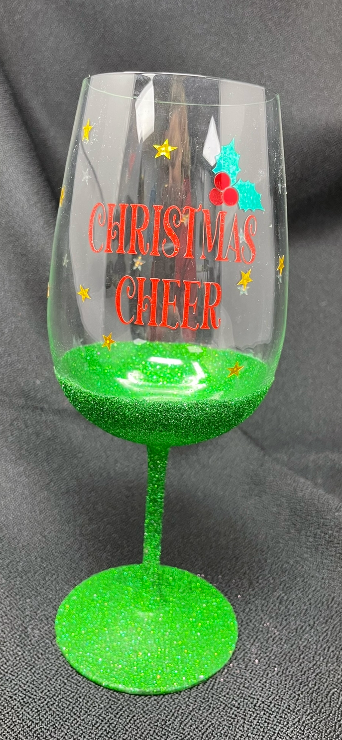 Christmas Cheer Glitter stem wine glass