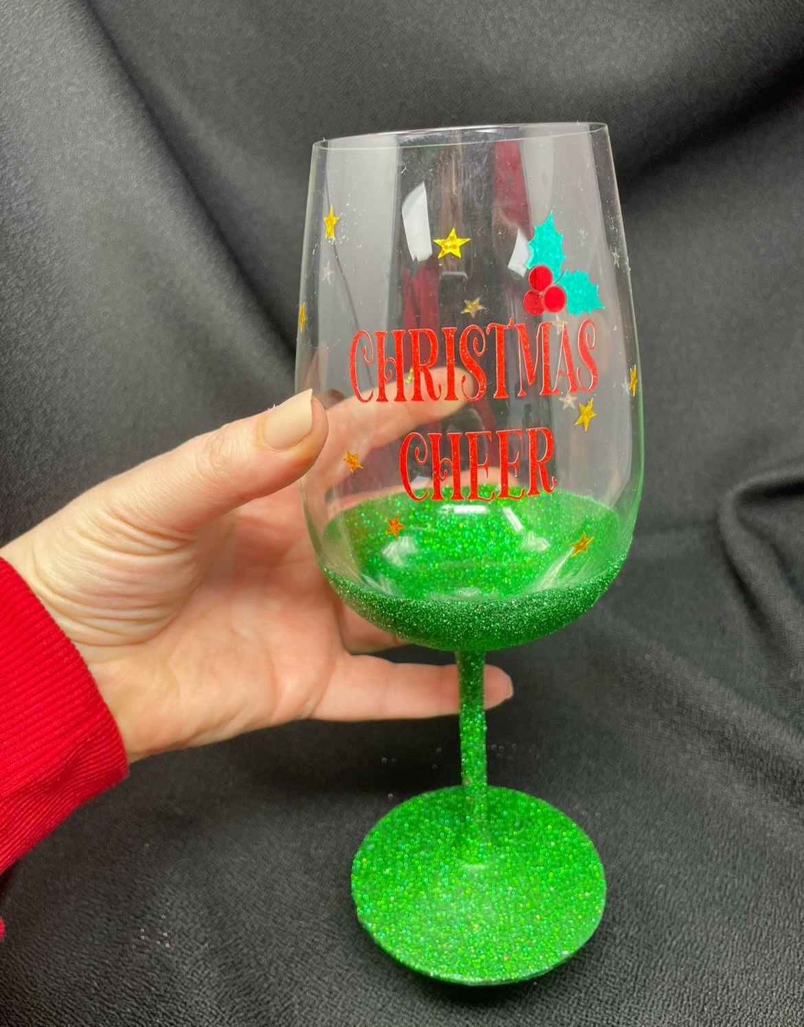 Christmas Cheer Glitter stem wine glass